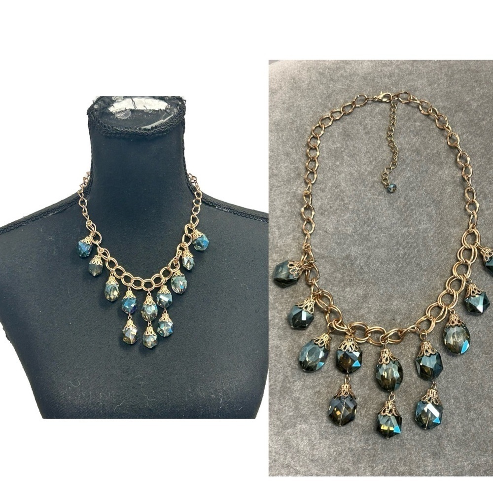 Necklace Rhinestone Vtg Borealis Blue Dangle Stones Gold Chain Filigree
